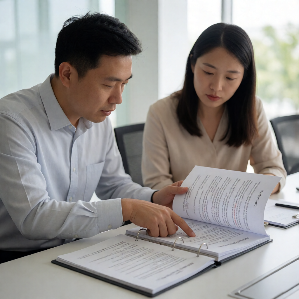 真实摄影项目经理与客户在明亮会议室的桌前逐页核对装订成册的需求评审文件手指同指一｜原生APP开发全流程拆解:从需求立项到上架应用商店的完整路线