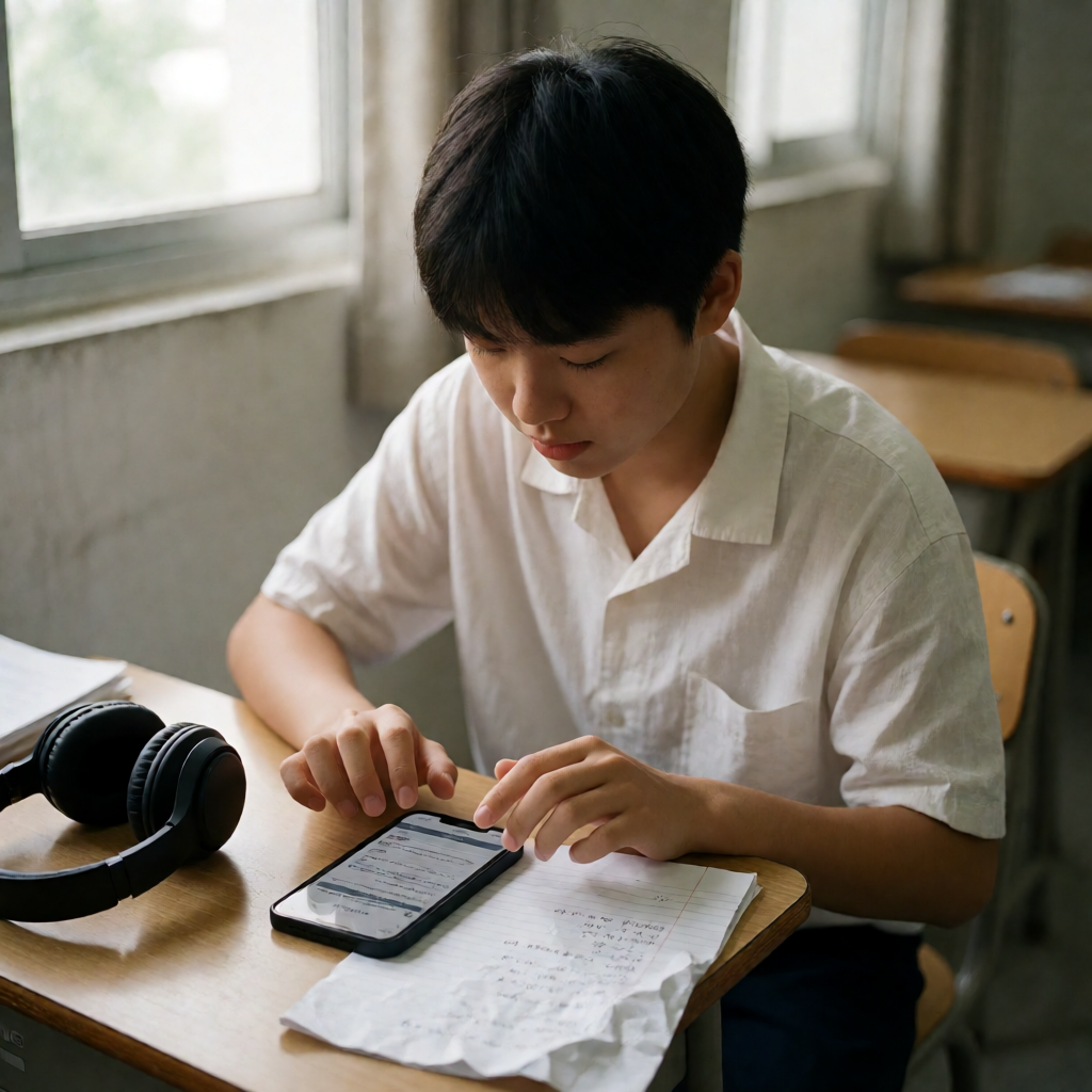 真实摄影一名年轻学员坐在自习室里用手机刷题练习指尖悬在屏幕选项上方思考桌角放着耳｜教育APP开发怎么做?课程、题库、直播三大核心模块设计思路全