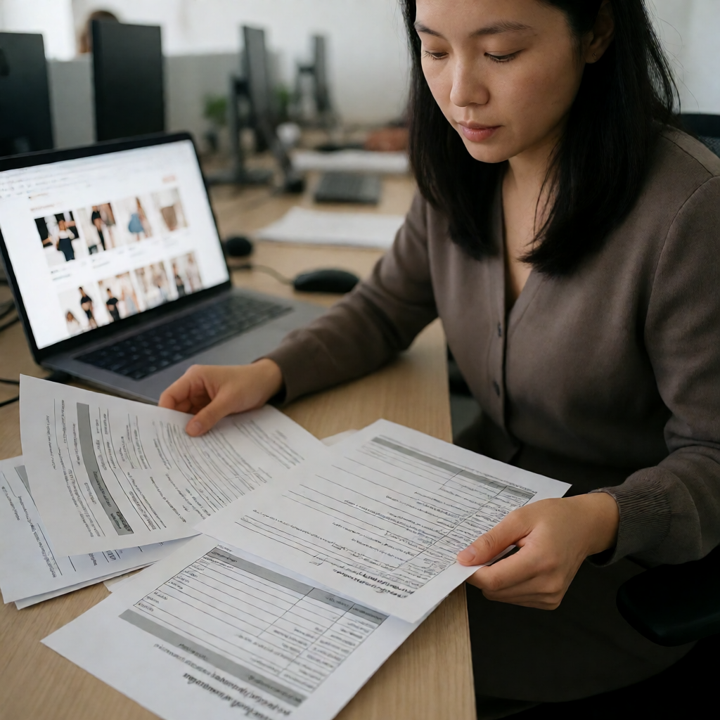 真实摄影一名创业者坐在办公桌前整理营业执照等资质文件和功能需求清单文档旁边笔记本｜H5商城开发避坑指南:不用下载APP,用户点开链接就能下单的